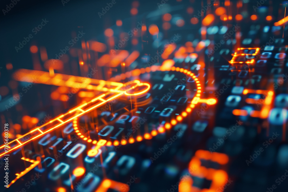 Poster a computer screen with a clock on it. the clock is orange and the numbers are blue. the image has a 