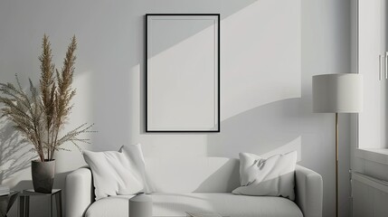 Minimalist interior with empty black frame on the wall, white walls, sofa and lamp, and plants in modern style. The composition is centered around an empty picture frame.
