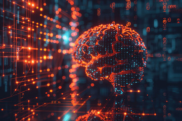 A brain is shown in a computer generated image with a lot of red and blue lights surrounding it. Concept of technology and artificial intelligence, as well as the complexity