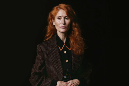 Elegant senior woman with red hair in a stylish blazer. Generative AI image
