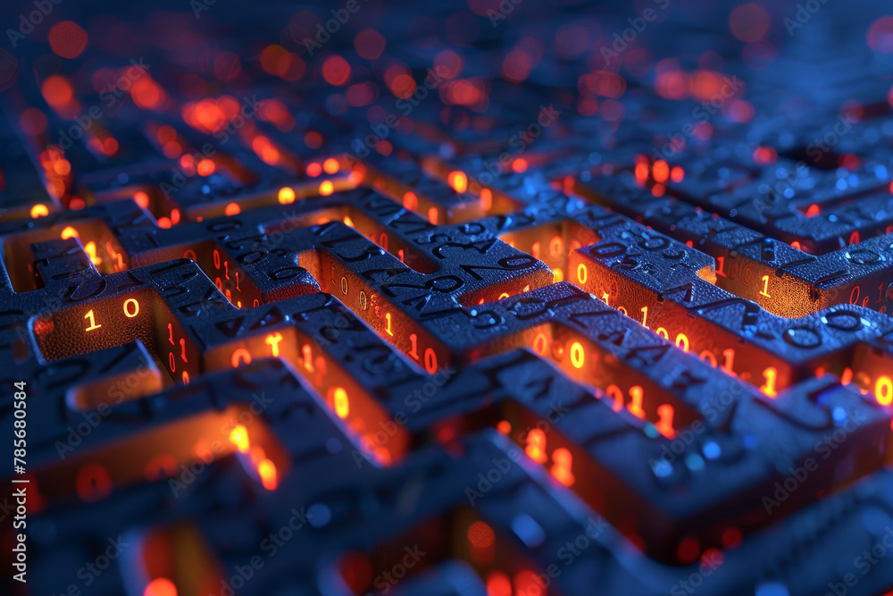 Fototapete a maze of numbers and letters with a blue background. the numbers are lit up in red. the maze is mad