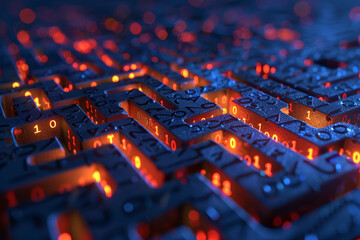 Obraz premium A maze of numbers and letters with a blue background. The numbers are lit up in red. The maze is made of blocks and he is a computer program