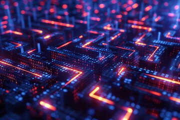 Fototapeta premium A computer chip with a blue background and red lines. The lines are in a zigzag pattern