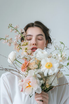 Empowered Woman with Floral Bouquet Portrait. Generative AI image