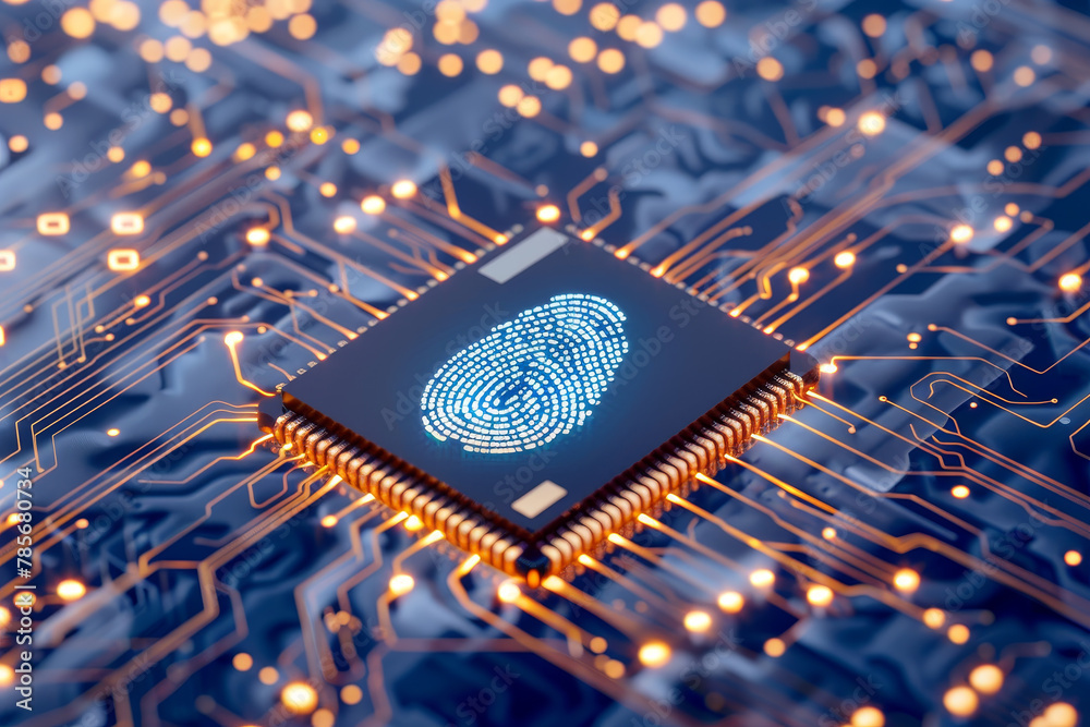 Poster A computer chip with a fingerprint on it. Concept of technology and security