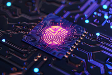 A computer chip with a fingerprint on it. The fingerprint is glowing in the dark. Concept of mystery and intrigue