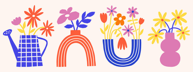 Vector trendy floral flat illustration set. Cutout style flowers in vases. Botanical summer matisse graphic
