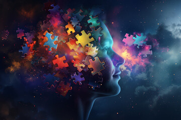 A colorful puzzle piece head with a face and a star in the background. The puzzle pieces are scattered all over the image, creating a sense of chaos and disarray. Scene is one of confusion