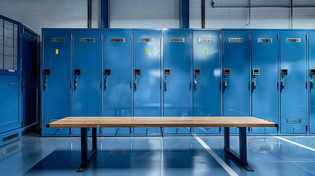 Blue metal storage lockers with an accompanying wooden bench are situated in a locker area, with various doors in different states of open or closed