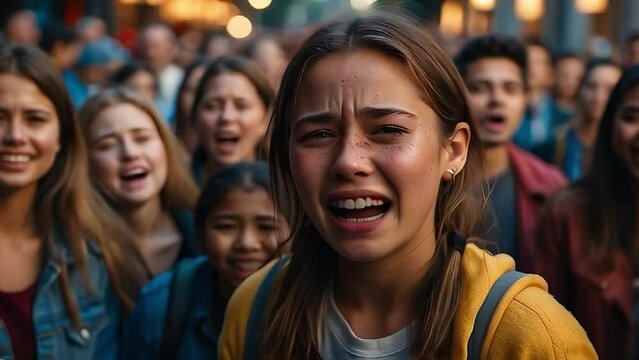 Girl crying in a crowd of people on the street