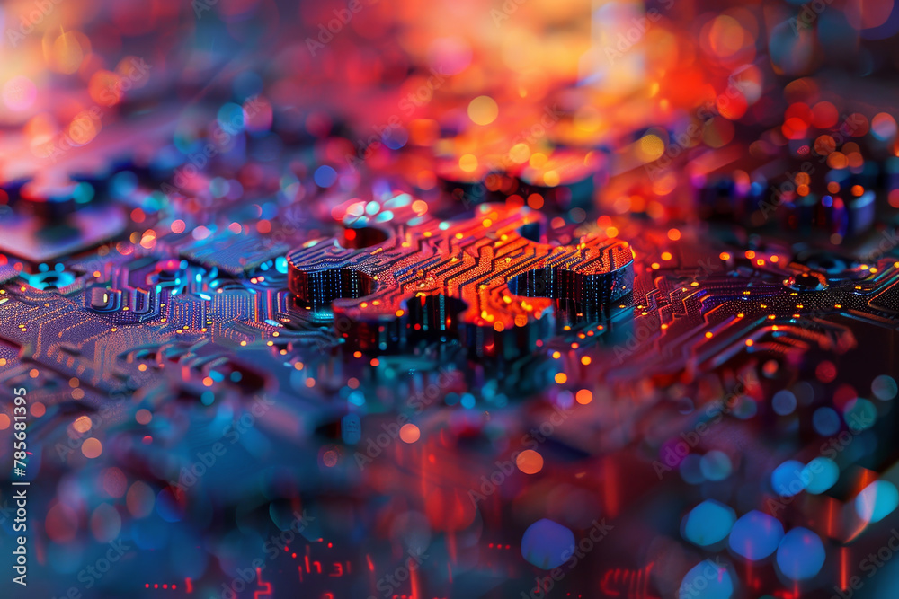 Poster a colorful image of a circuit board with a red square in the middle. the image has a futuristic and 