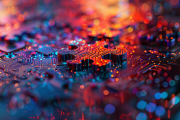 A colorful image of a circuit board with a red square in the middle. The image has a futuristic and abstract feel to it