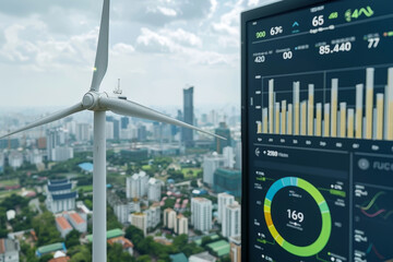 A wind turbine is shown in the foreground of a city skyline. The wind turbine is surrounded by a cityscape with tall buildings. Concept of progress and innovation