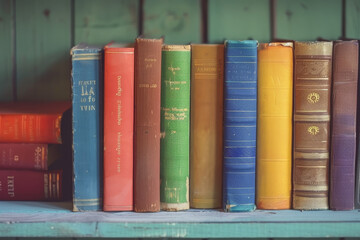 Naklejka premium A row of colorful books on a shelf. The books are arranged in a rainbow order, with the red book on the left, the orange book in the middle, the yellow book on the right, and the green book in between