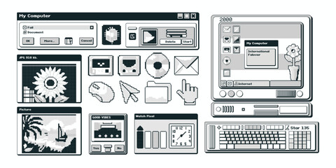 Pixel art of old user interface elements. The aesthetics of retro games of the 80s-90s. Fashionable vector illustration.