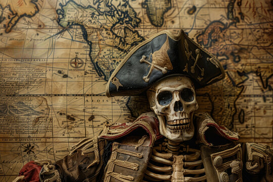 A skeleton wearing a pirate's hat is sitting on a map. The skull is smiling and the pirate's hat is black