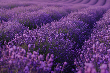 A field of lavender flowers with purple petals. The flowers are in full bloom and are arranged in a neat row. Concept of tranquility and peace, as the purple flowers are a calming and soothing color