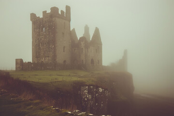 A castle is shown in a foggy, misty atmosphere. The castle is old and abandoned, with a large stone...