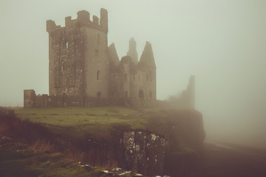 A castle is shown in a foggy, misty atmosphere. The castle is old and abandoned, with a large stone wall surrounding it. The fog adds a sense of mystery and intrigue to the scene