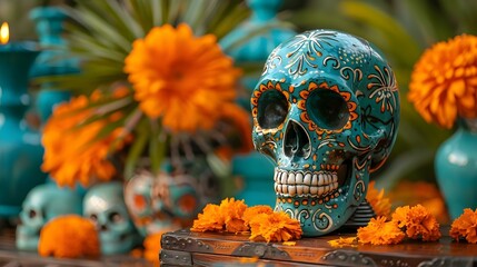 Vibrant Day of the Dead Celebration with Artistic Skulls and Marigolds. Concept Day of the Dead Decor, Sugar Skull Inspiration, Marigold Arrangements, Colorful Altar Displays - obrazy, fototapety, plakaty
