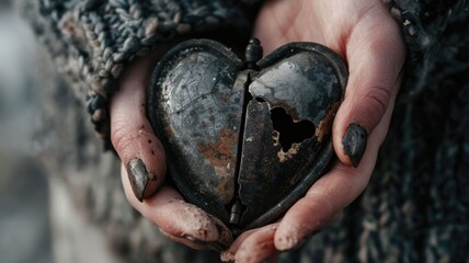 dream where a person finds a broken heart-shaped locket and repairs it, symbolizing self-love and forgiveness - obrazy, fototapety, plakaty