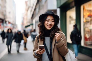 Smiling Woman Texting on Smartphone in the City. Cheerful young lady using her phone on a bustling city street.
