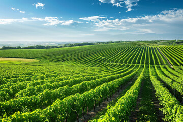 A vineyard with rows of green vines. The vines are growing in a straight line and are very green