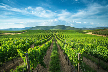 Fototapeta na wymiar A vineyard with rows of green vines and a blue sky in the background