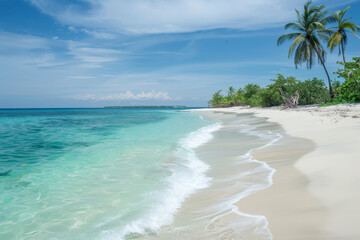 A beautiful beach with palm trees and a large body of water. The sky is clear and blue, and the water is calm. The scene is peaceful and relaxing, perfect for a day at the beach