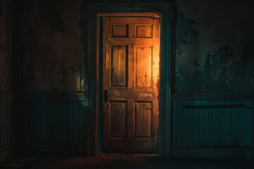 A door is open in a dark room with a window. The light shining through the window casts a warm glow...