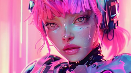 cyber robot girl on cyberpunk background