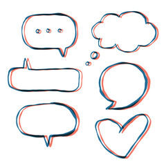 Message bubble forms in risography style. Cloud of thoughts, heart. Surface stickers