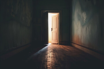 A dark hallway with a white door that is open. The light shining through the door creates a sense of hope and possibility - obrazy, fototapety, plakaty