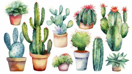 Vibrant Watercolor Cactus Clipart in Minimalist Style Generative AI