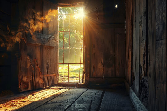 A window in a room with sunlight shining through it. The room is empty and has a rustic feel