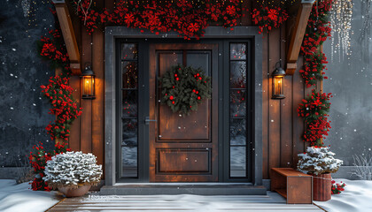 Fototapeta na wymiar Door with christmas decoration. Entrance door to an ultra-modern house decorated for Christmas on a sunny day. Christmas holidays. Christmas decorations.