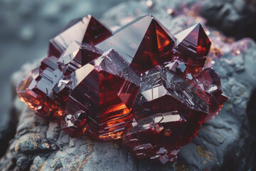 A large, red crystal sits on a rock. The crystal is made of a shiny, metallic material and has a unique, geometric shape. Concept of wonder and awe at the beauty of the crystal - obrazy, fototapety, plakaty
