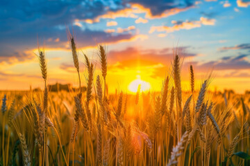 Naklejka premium A field of golden wheat with the sun setting in the background. The sun is shining brightly on the wheat, creating a warm and peaceful atmosphere