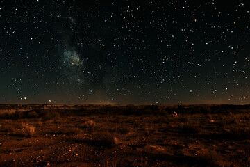 A dark night sky with a large number of stars. The stars are scattered all over the sky, creating a...