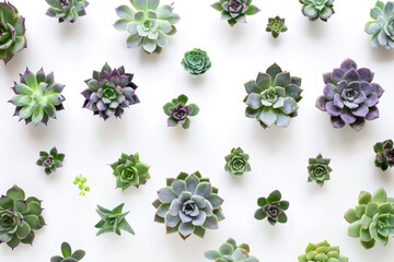 A bunch of different types of succulents are arranged in a pattern on a white background. Concept of variety and diversity, as well as a sense of harmony and balance - Powered by Adobe