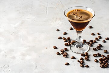 Espresso martini cocktail with coffee beans on a white table. Trendy summer drink concept. Refreshing beverage. Design for banner, poster with copy space