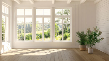 White empty room with summer landscape in window. Scandinavian interior design. 3D illustration - obrazy, fototapety, plakaty