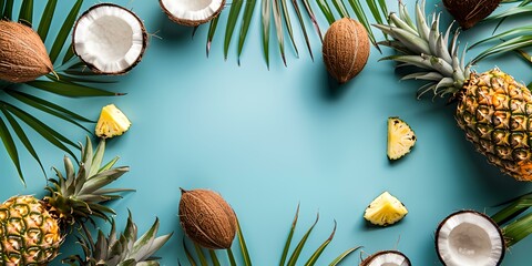 Blue background with a variety of fruits including coconuts and pineapples - obrazy, fototapety, plakaty
