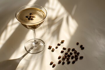 Espresso martini cocktail with coffee beans on a white table. Trendy summer drink concept. Refreshing beverage. Design for banner, poster