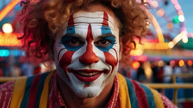 Portrait of a male clown at the fairgrounds at night