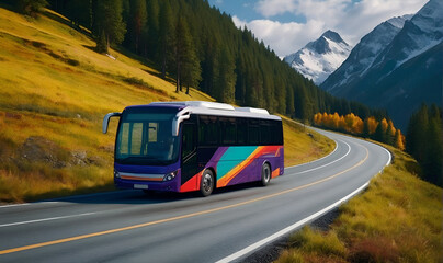 Passenger bus on the road against a mountainous background