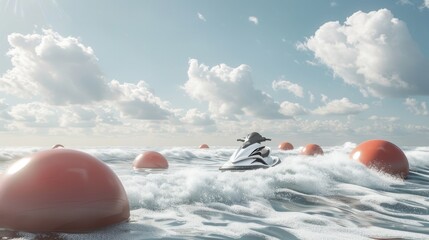 Jet skis and buoys in a surreal isolated composition   AI generated illustration - obrazy, fototapety, plakaty