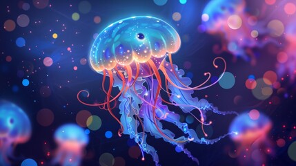 Jolly jellyfish with shimmering tentacles   AI generated illustration - obrazy, fototapety, plakaty