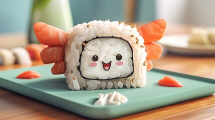 Kawaii sushi roll with wings  AI generated illustration