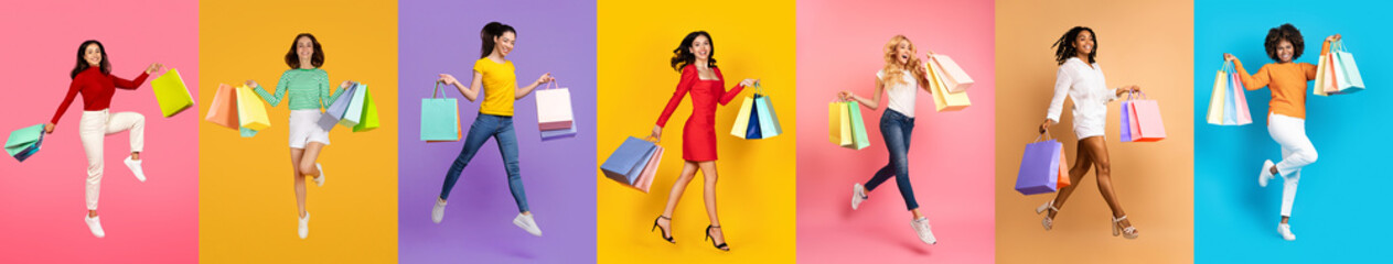 Joyful Shoppers Carrying Bags Jumping Against Colorful Backdrops
